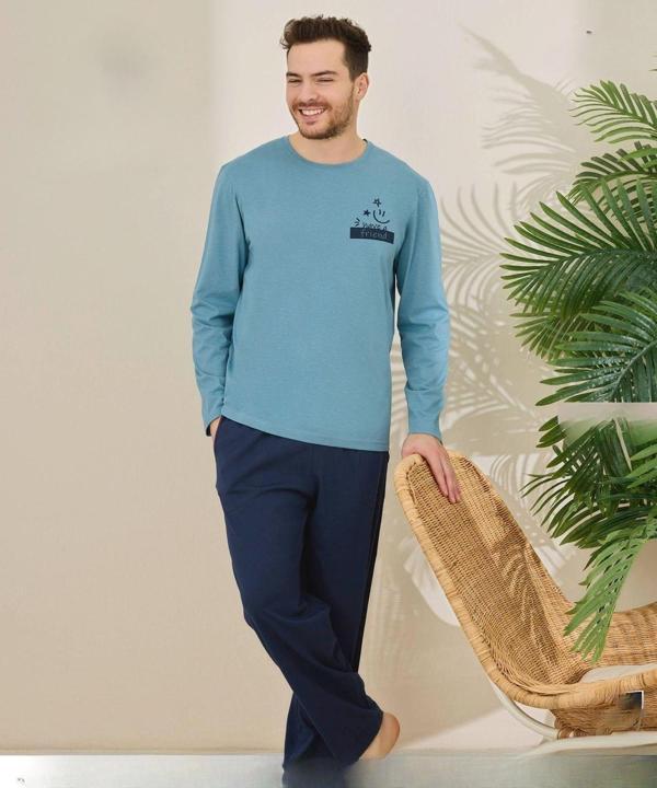 Pijamoni Erkek Pamuklu Bisiklet Yaka Uzun Kol İnce Pijama Takımı 6150/4 - 1 Adet Açık Mavi-L - Image 1
