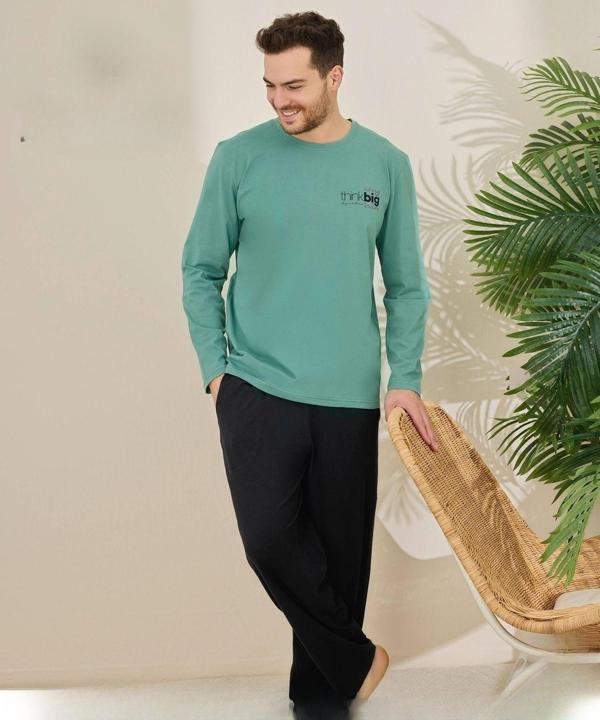 Pijamoni Erkek Pamuklu Bisiklet Yaka Uzun Kol İnce Pijama Takımı 6150/5 - 1 Adet Su Yeşil-L - Image 1