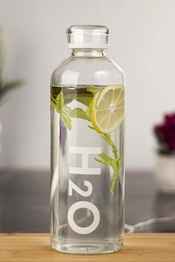 H2o Borosilikat Cam Matara Vakum Kapaklı Su Şişesi Suluk Beyaz 1000 ML - Image 1