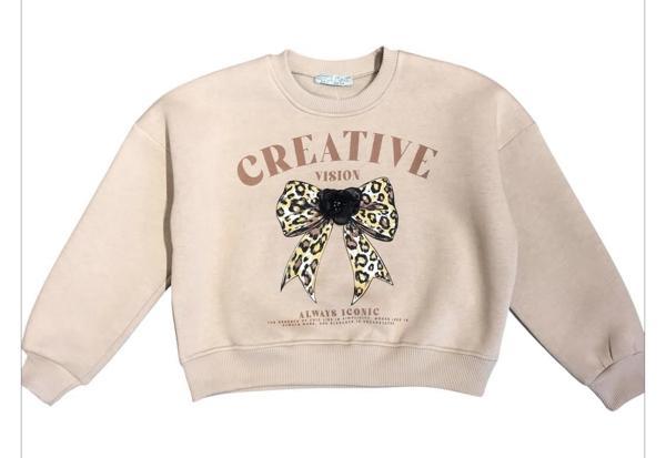 Kız Çocuk  Şardonlu Leopar Çiçek Aksesuarlı Sweatshirt - Image 1