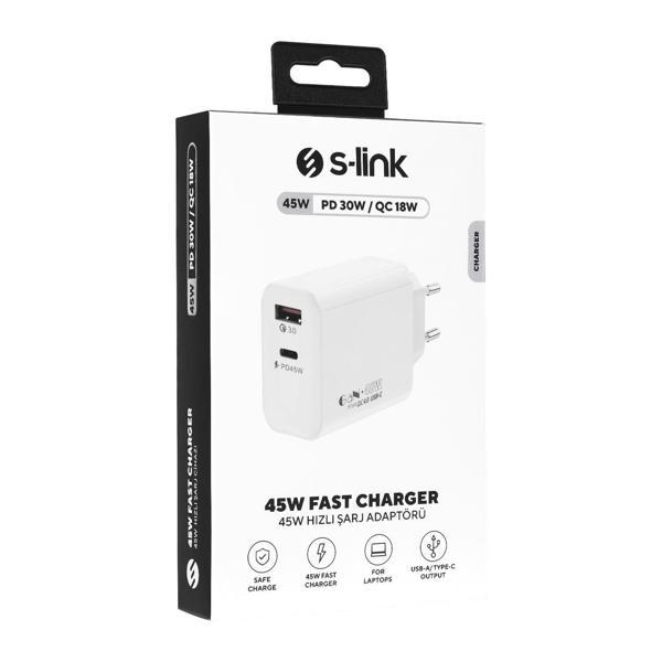 S-link SL-EC68 45W GAN PD 30W / QC 18W Type Type USB-C +USB A Hızlı Beyaz EV/NOTEBOOK Şarj Adaptör - Image 1