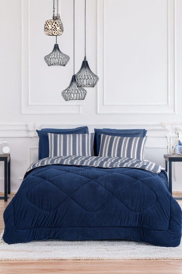 Comfort Set Yeni Nesil Wellsoft Yorganlı 3 Parça Çift Kişilik Soft Line Lacivert - Image 1