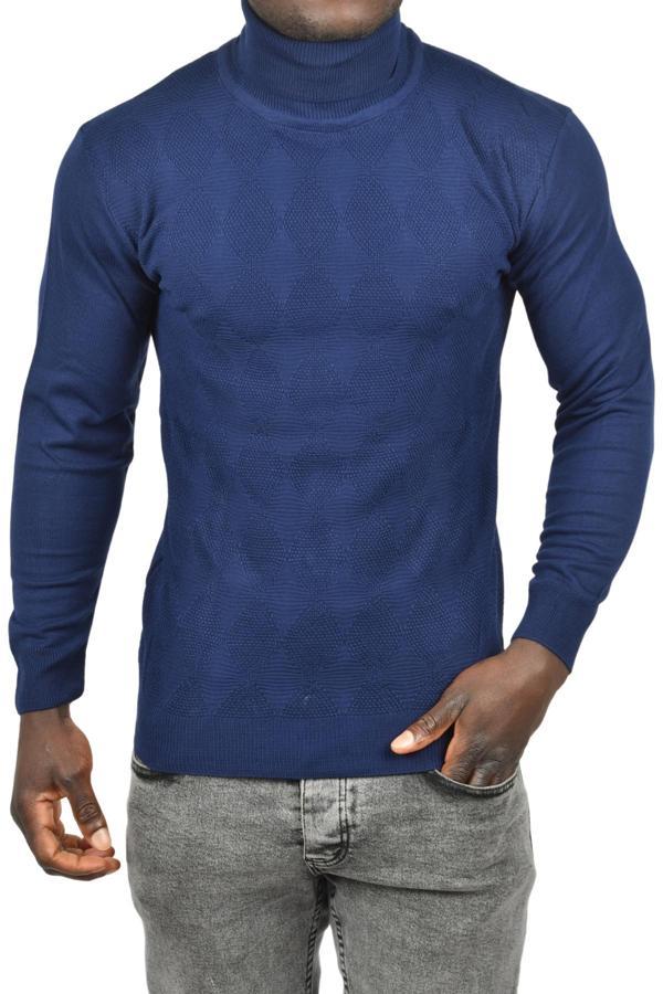 DeepSEA Erkek Lacivert Slim Fit Baklava Desenli Tam Balıkçı Yaka Boğazlı Triko Balıkçı Yaka Kazak 2505507 - Image 1