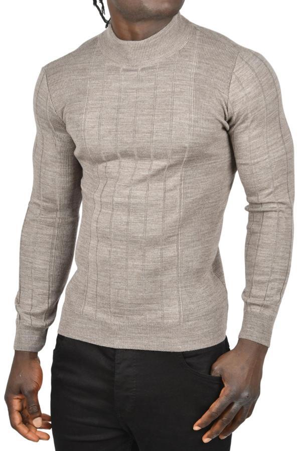 DeepSEA Erkek Vizon Yarım Balıkçı Yaka Çizgili Tüylenmeyen Slim Fit Triko Kazak 2505491 - Image 1