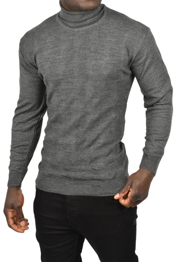 DeepSEA Erkek Antrasit Slim Fit Baklava Desenli Tam Balıkçı Yaka Boğazlı Triko Balıkçı Yaka Kazak 2505507 - Image 1