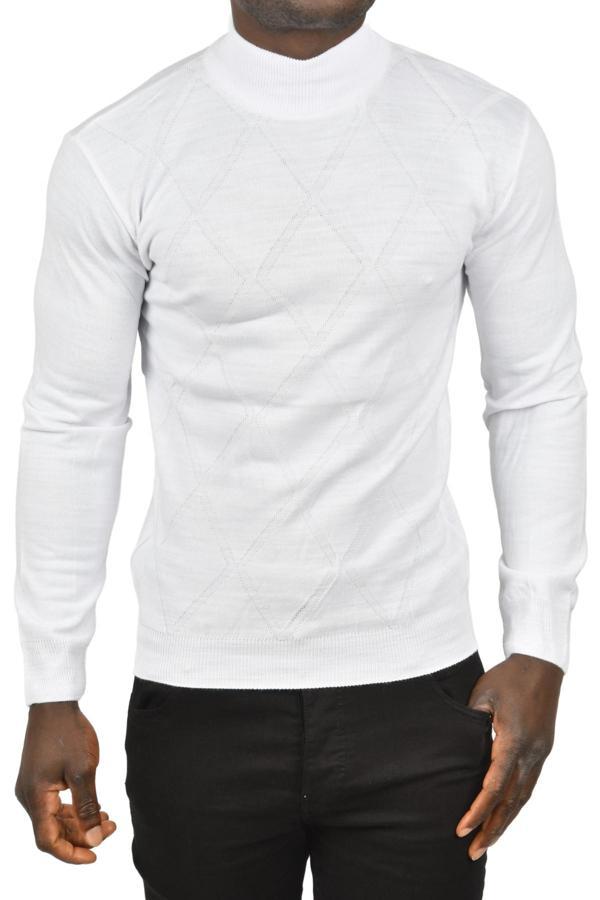 DeepSEA Erkek Beyaz Baklava Desenli Yarım Balıkçı Yaka Boğazlı Triko Kazak 2505508 - Image 1