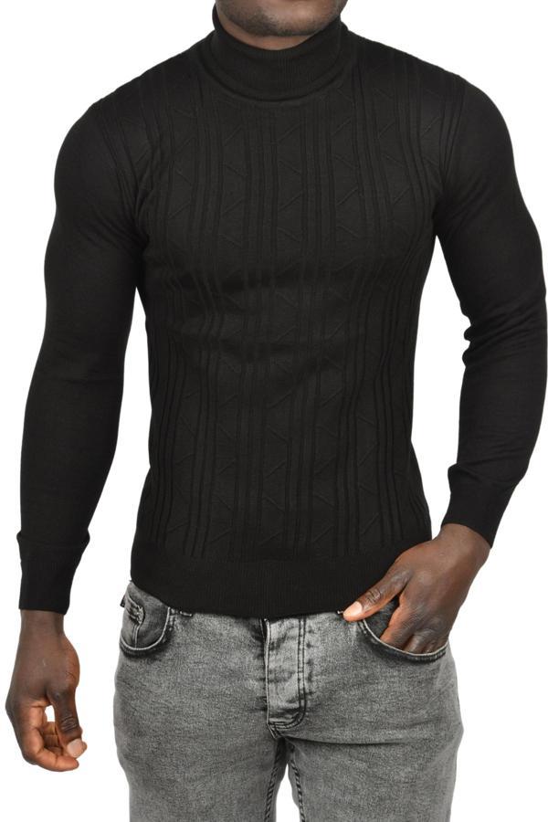 DeepSEA Erkek Siyah Çizgi Desenli Slim Kesim Tam Balıkçı Yaka Triko Boğazlı Kazak 2505509 - Image 1