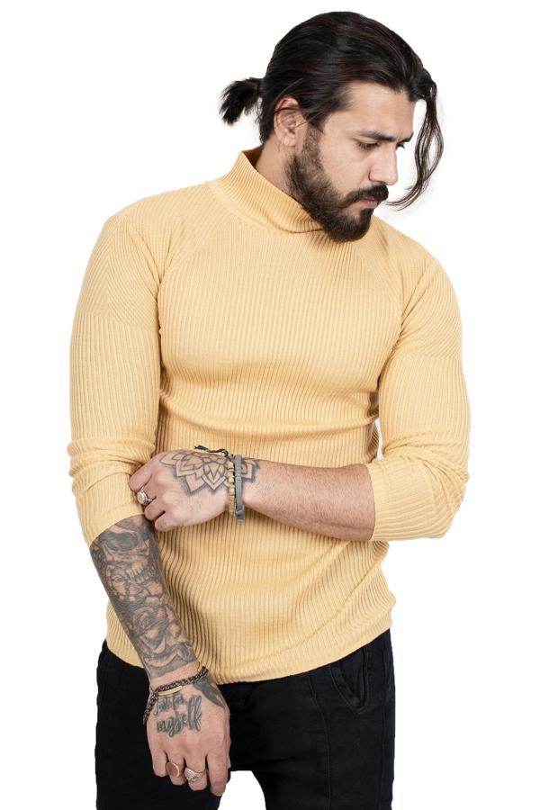 Erkek Camel Balıkçı Yaka Çizgili Slim Fit Örme Kazak 2100015 - Image 1