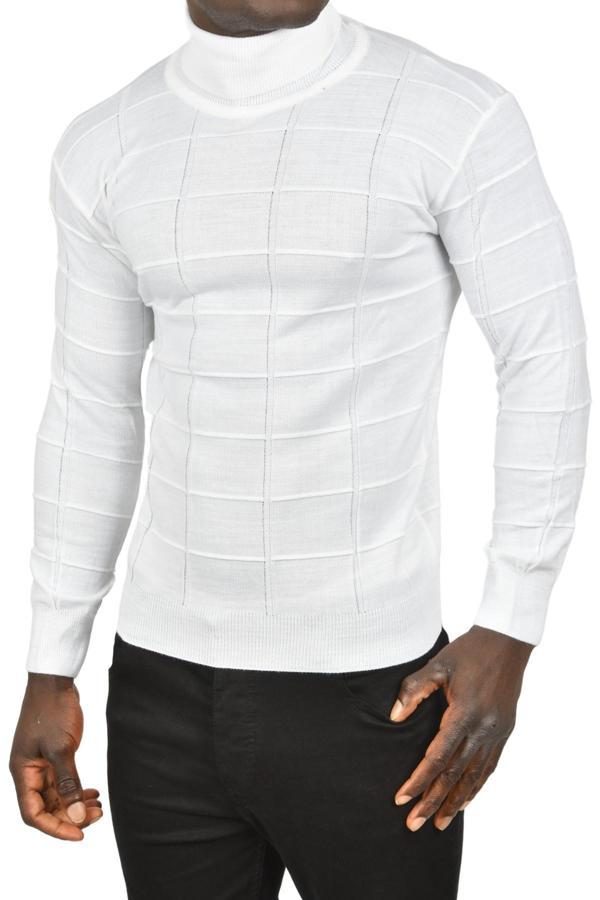 DeepSEA Erkek Beyaz Kare Desenli Balıkçı Yaka Slim Fit Boğazlı Triko Kazak 2505493 - Image 1