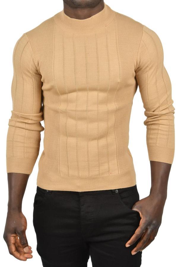 DeepSEA Erkek Camel Yarım Balıkçı Yaka Çizgili Tüylenmeyen Slim Fit Triko Kazak 2505491 - Image 1