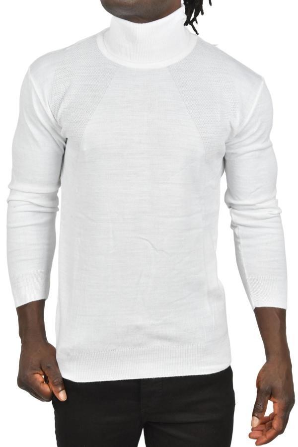 DeepSEA Erkek Beyaz Tam Balıkçı Yaka Yanları Desenli Slim Fit Boğazlı Triko Kazak 2505495 - Image 1