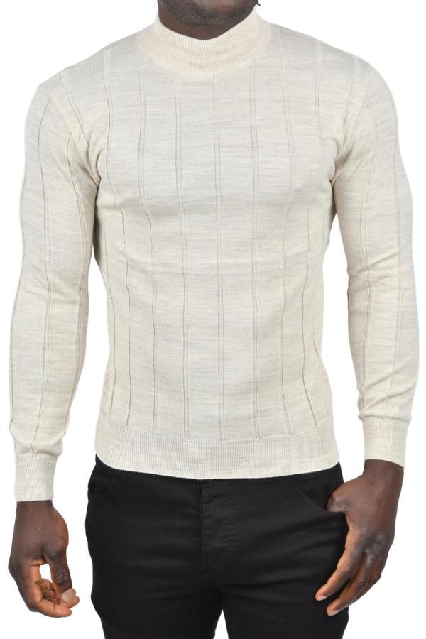 DeepSEA Erkek Bej Slim Fit Likralı Tüylenme Yapmayan Yarım Balıkçı Çizgili Triko Yarım Boğazlı Kazak 2505503 - Image 1