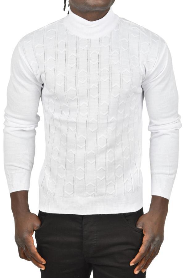 DeepSEA Erkek Beyaz Çizgi Desenli Tüylenme Yapmayan Yarım Balıkçı Yaka Triko Kazak 2505501 - Image 1