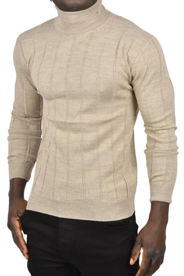 DeepSEA Erkek Vizon Slim Fit Likralı Tam Balıkçı Yaka Çizgili Boğazlı Kazak 2505504 - Image 1