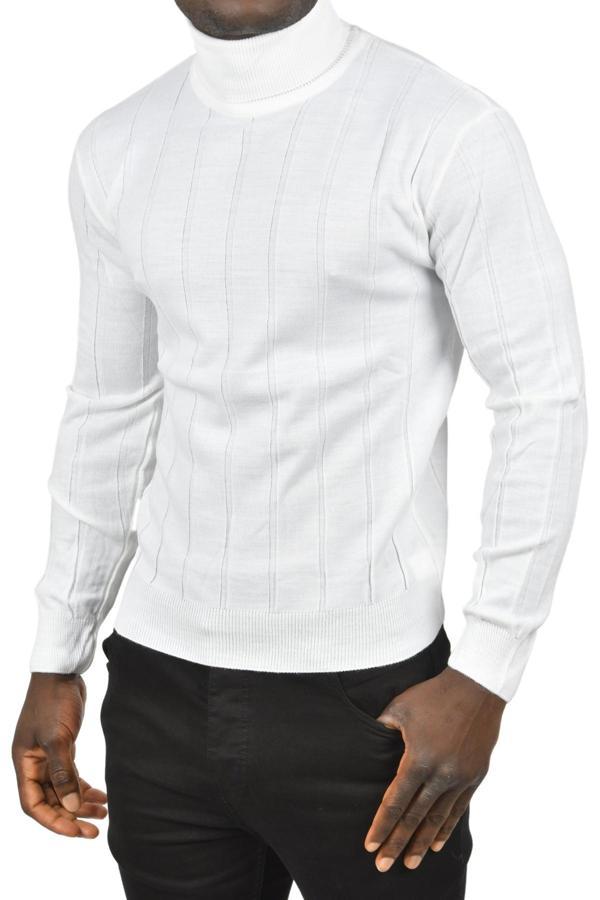 DeepSEA Erkek Beyaz Slim Fit Likralı Tam Balıkçı Yaka Çizgili Boğazlı Kazak 2505504 - Image 1