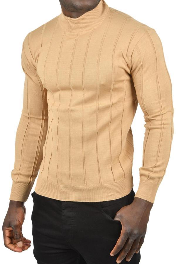 DeepSEA Erkek Camel Slim Fit Likralı Tüylenme Yapmayan Yarım Balıkçı Çizgili Triko Yarım Boğazlı Kazak 2505503 - Image 1