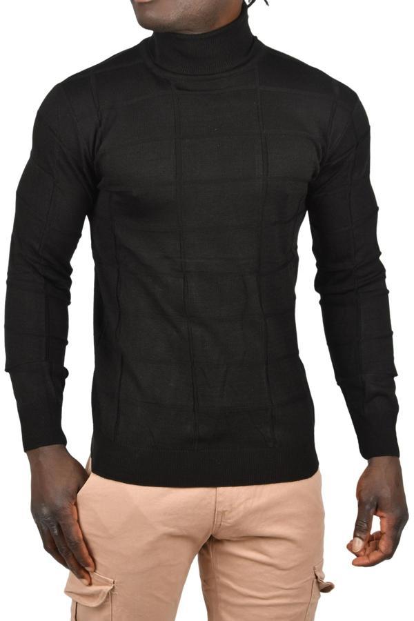 DeepSEA Erkek Siyah Kare Desenli Balıkçı Yaka Slim Fit Boğazlı Triko Kazak 2505493 - Image 1