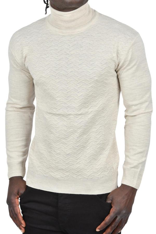 DeepSEA Erkek Bej Zigzag Desenli Tam Balıkçı Yaka Dar Kesim Boğazlı Triko Kazak 2505497 - Image 1