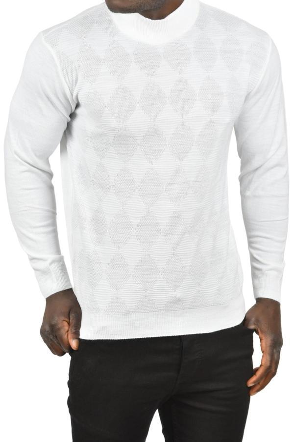 DeepSEA Erkek Beyaz Dar Kesim Baklava Desenli Yarım Boğazlı Yaka Triko Yarım Balıkçı Yaka Kazak 2505506 - Image 1