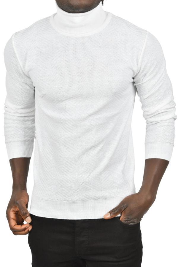 DeepSEA Erkek Beyaz Desenli Dar Kesim Tam Balıkçı Yaka Triko Boğazlı Kazak 2505510 - Image 1