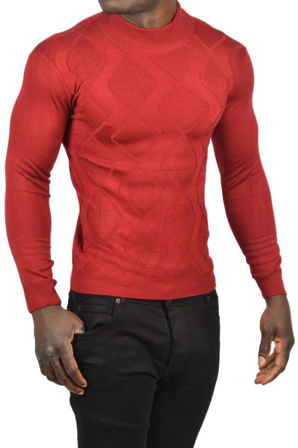 DeepSEA Erkek Bordo Baklava Desenli Slim Fit Yarım Balıkçı Yaka Triko Boğazlı Kazak 2505511 - Image 1