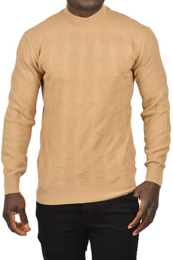 DeepSEA Erkek Camel Dar Kesim Baklava Desenli Yarım Boğazlı Yaka Triko Yarım Balıkçı Yaka Kazak 2505506 - Image 1