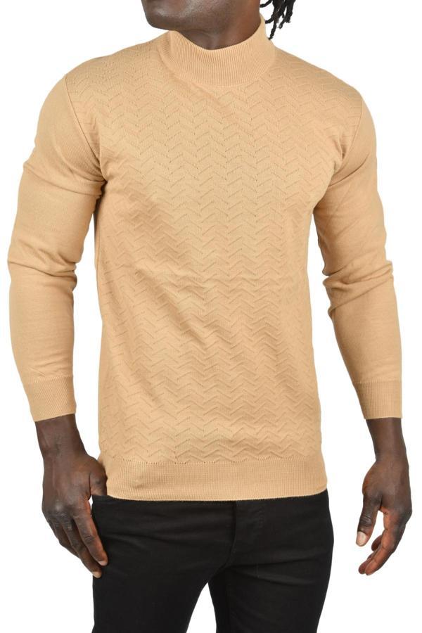 DeepSEA Erkek Camel Zigzag Desenli Yarım Balıkçı Yaka Dar Kesim Boğazlı Triko Kazak 2505496 - Image 1