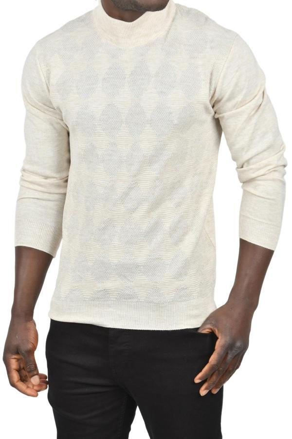 DeepSEA Erkek Bej Dar Kesim Baklava Desenli Yarım Boğazlı Yaka Triko Yarım Balıkçı Yaka Kazak 2505506 - Image 1