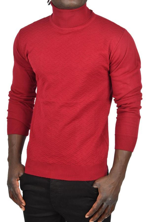 DeepSEA Erkek Bordo Zigzag Desenli Tam Balıkçı Yaka Dar Kesim Boğazlı Triko Kazak 2505497 - Image 1