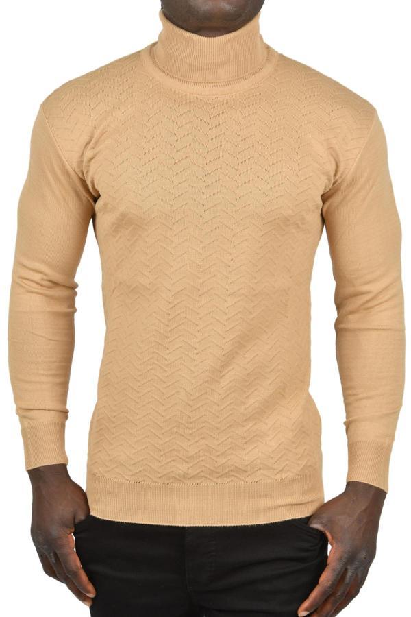 DeepSEA Erkek Camel Zigzag Desenli Tam Balıkçı Yaka Dar Kesim Boğazlı Triko Kazak 2505497 - Image 1