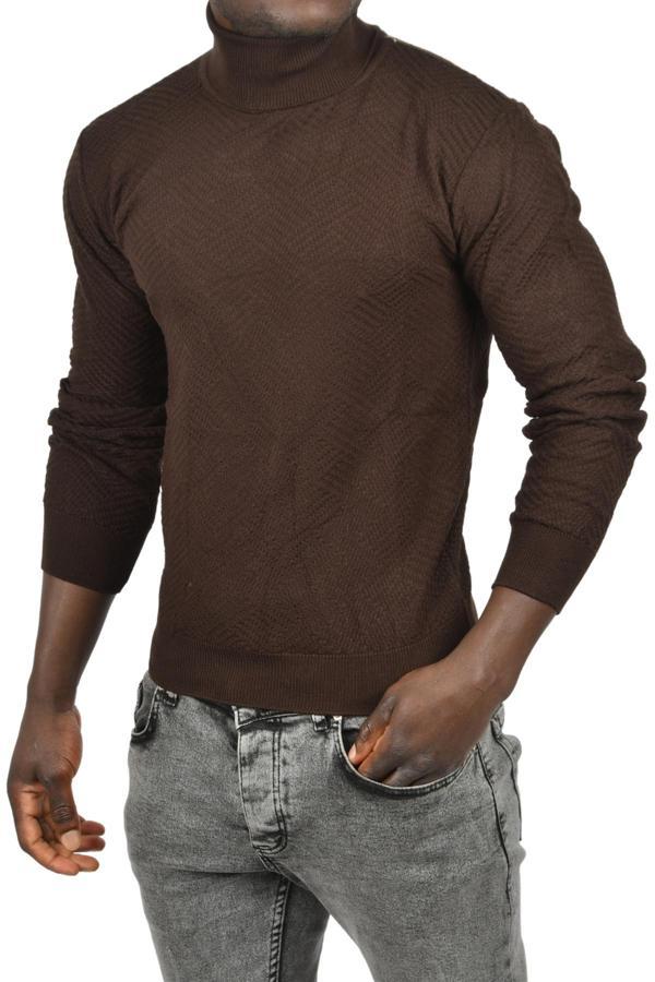 DeepSEA Erkek Kahve Desenli Dar Kesim Tam Balıkçı Yaka Triko Boğazlı Kazak 2505510 - Image 1