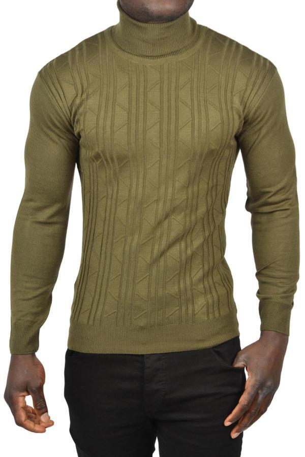 DeepSEA Erkek Haki Çizgi Desenli Slim Kesim Tam Balıkçı Yaka Triko Boğazlı Kazak 2505509 - Image 1