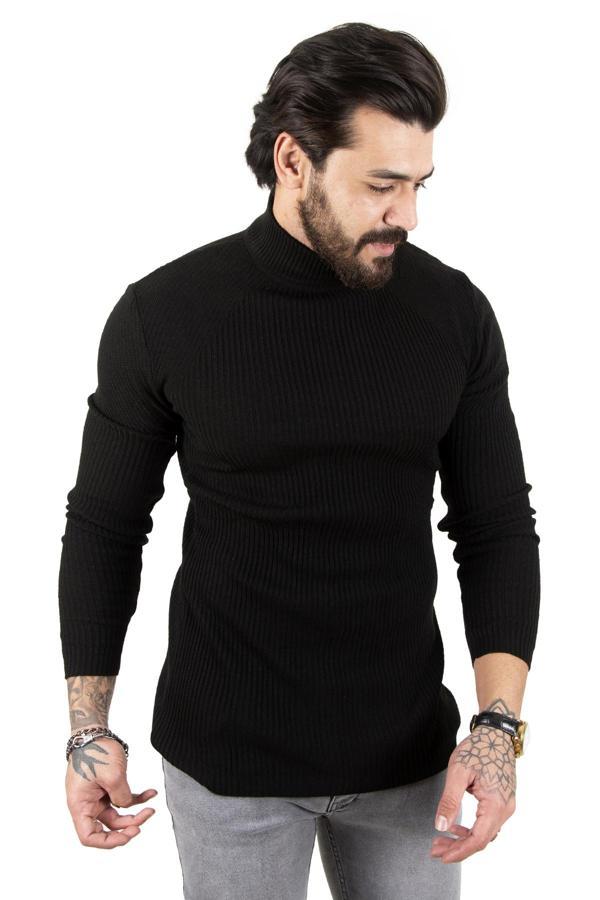 Erkek Siyah Balıkçı Yaka Çizgili Slim Fit Örme Kazak 2100015 - Image 1