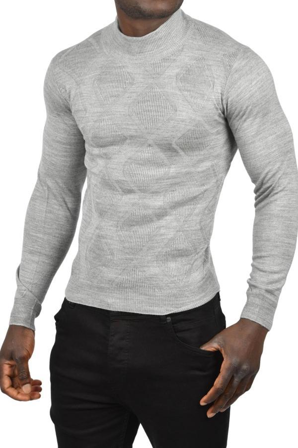 DeepSEA Erkek Gri Baklava Desenli Slim Fit Yarım Balıkçı Yaka Triko Boğazlı Kazak 2505511 - Image 1