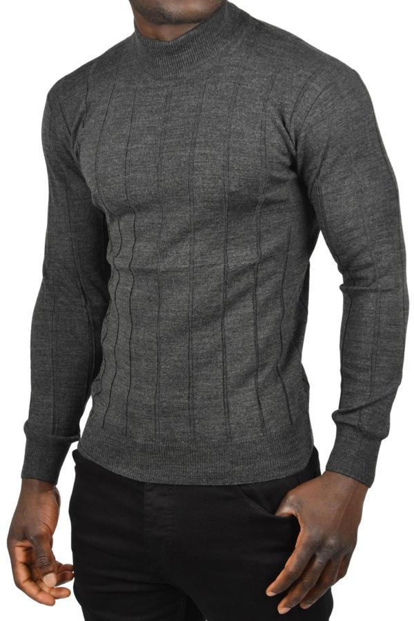 DeepSEA Erkek Antrasit Slim Fit Likralı Tüylenme Yapmayan Yarım Balıkçı Çizgili Triko Yarım Boğazlı Kazak 2505503 - Image 1