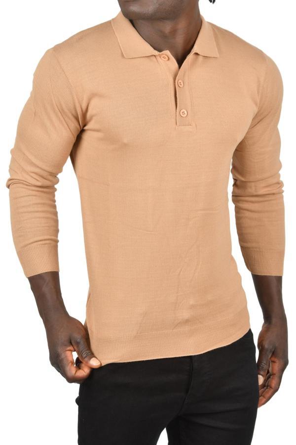 DeepSEA Erkek Camel Slim Fit Polo Yaka İnce Triko Kazak 2505500 - Image 1