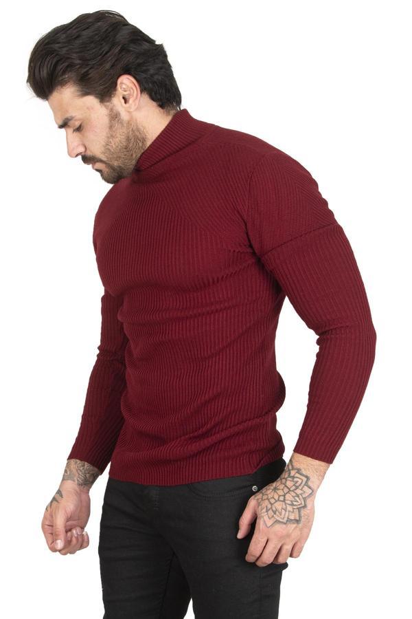Erkek Bordo Balıkçı Yaka Çizgili Slim Fit Örme Kazak 2100015 - Image 1