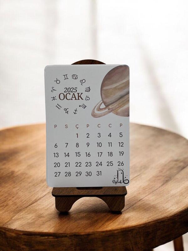 2025 Takvim - Astroloji Burç Ve Gezegenleri Standlı Masaüstü Takvim- Ahşap Telefon Tutucu - Image 1