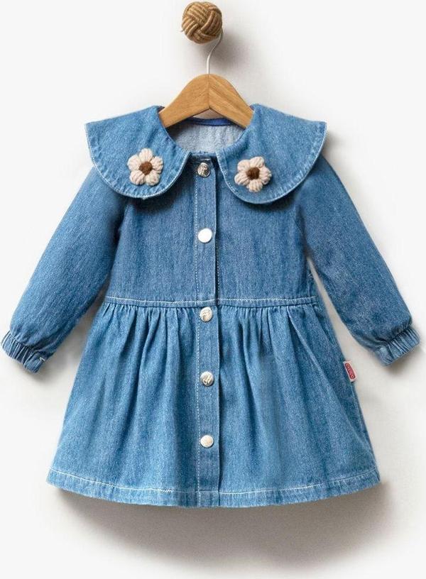 Overdo Kız Çocuk Yakası Çiçekli Uzun Kol Kot Elbise - Image 1