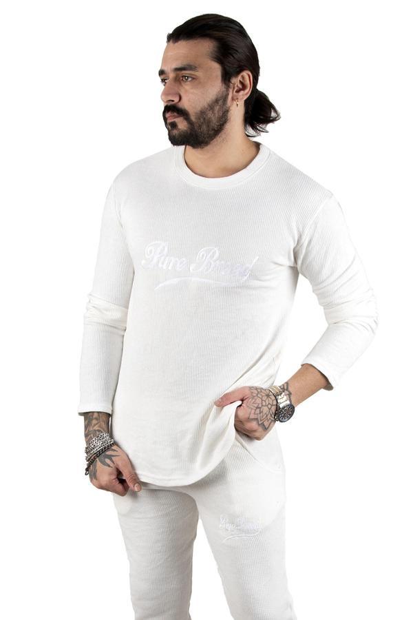 DeepSEA Erkek Beyaz Önü Nakışlı Bisiklet Yaka Paçası Lastikli Eşofman Takımı 2303034 - Image 1