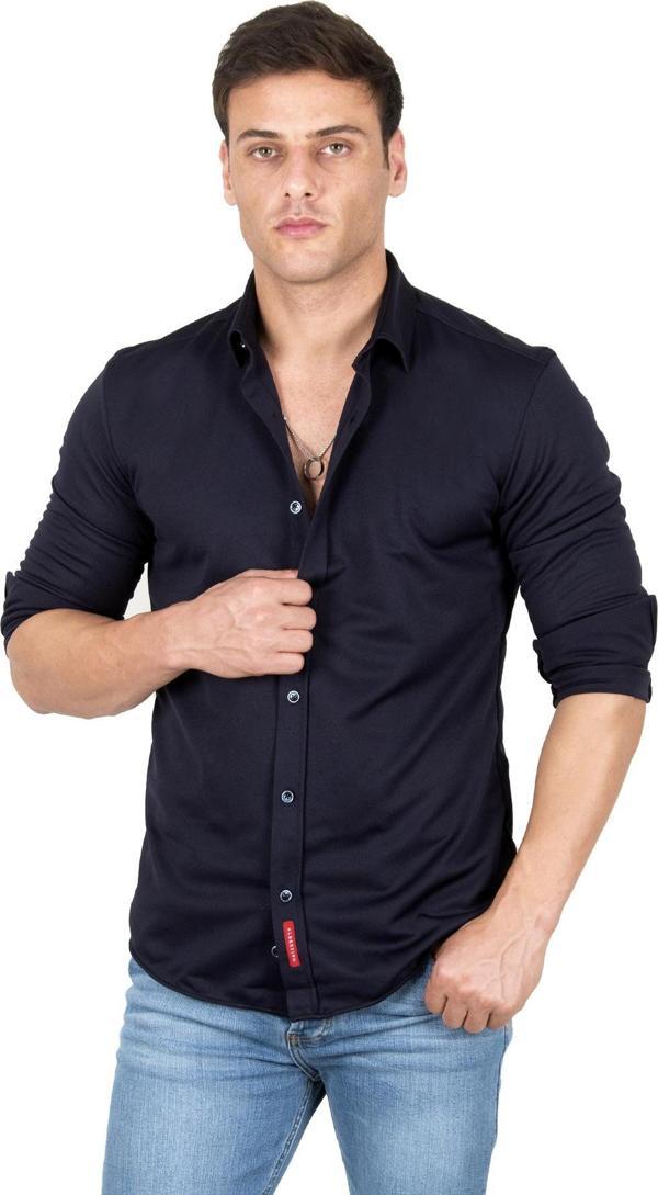 DeepSEA Erkek Lacivert Slim fit Örme Gömlek 2309480 - Image 1
