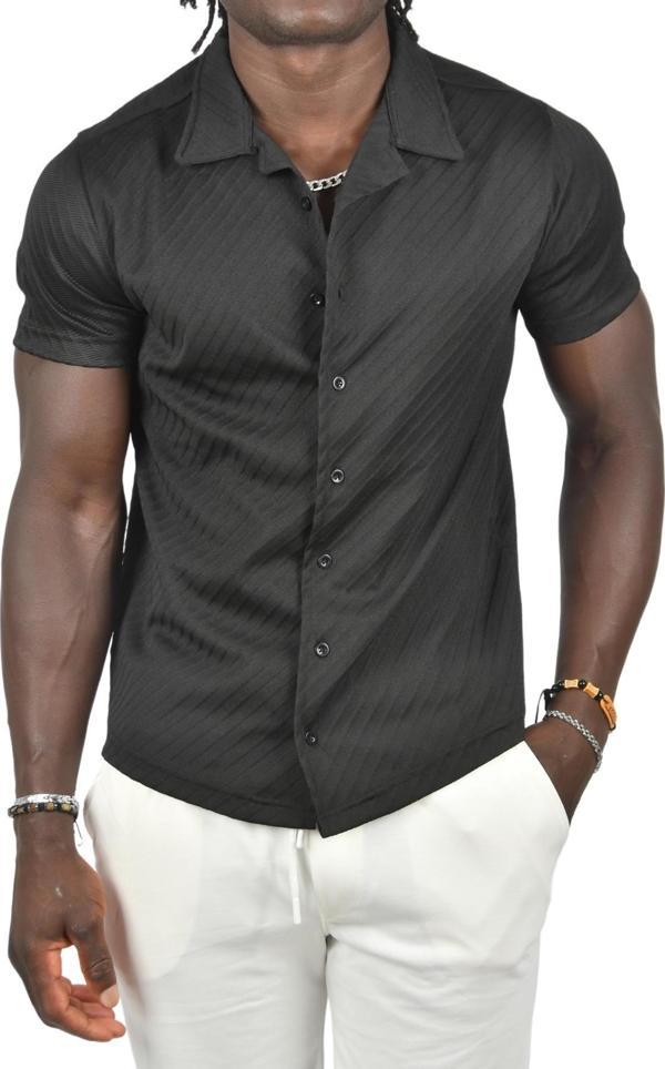 DeepSEA Erkek Siyah Kabartma Çizgi Desenli Slim Fit Kısa Kollu Penye Gömlek 2403221 - Image 1