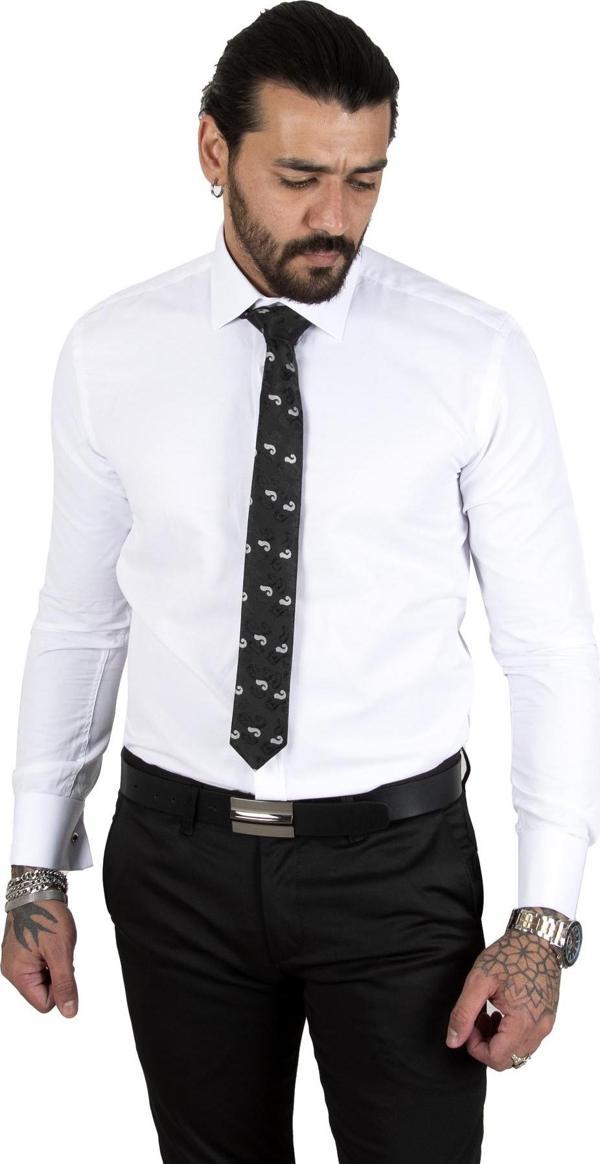 DeepSEA Erkek Beyaz Dar Kesim Uzun Kollu Kol Düğmeli Gömlek 2209615 - Image 1