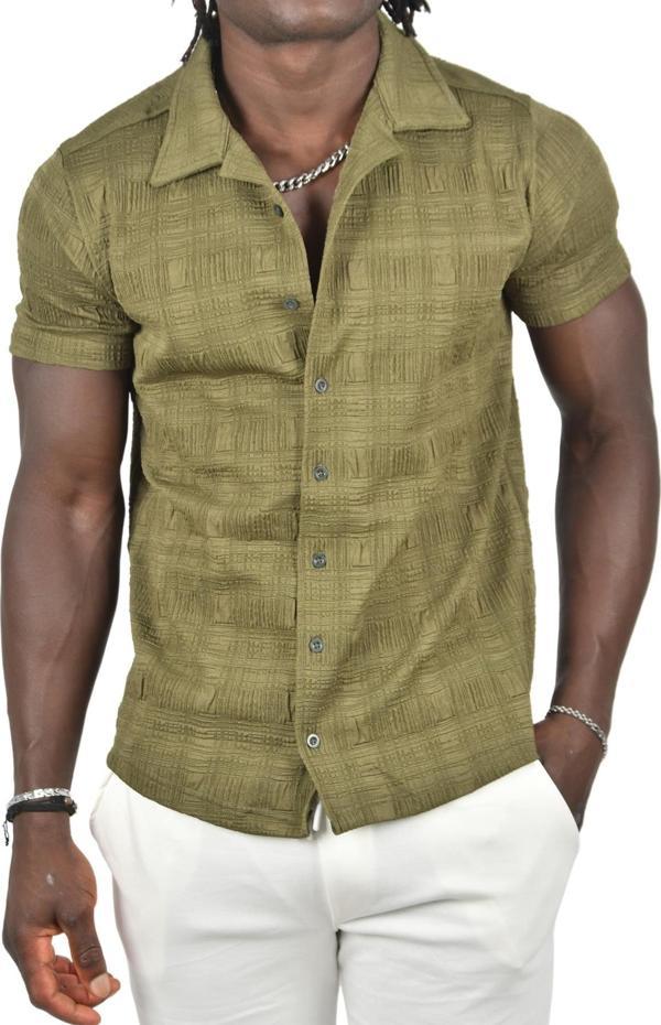 DeepSEA Erkek Haki Kabartma Desenli Slim Fit Likralı Kısa Kollu Penye Gömlek 2403222 - Image 1