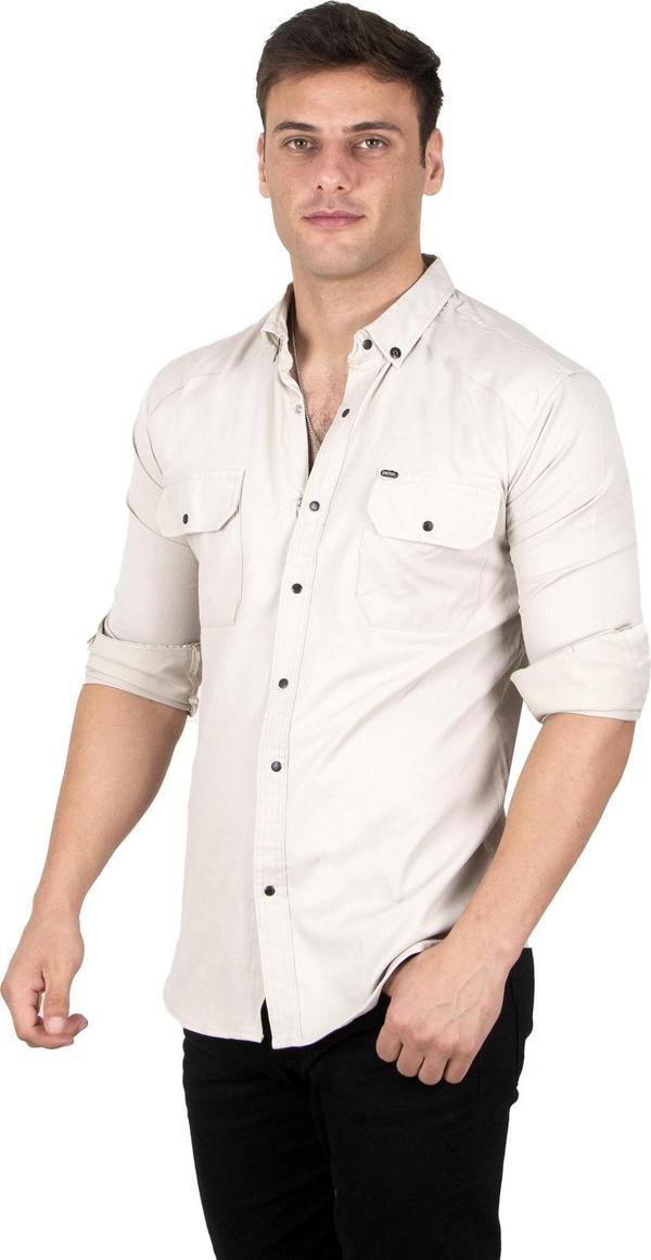 DeepSEA Erkek Bej Likralı İnce Fitilli Çıtçıtlı Çift Cepli Dar Kesim Gabardin Gömlek 2300421 - Image 1