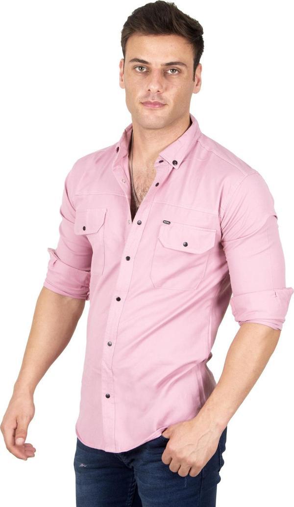 DeepSEA Erkek Pembe Likralı Çıtçıtlı Çift Cepli Dar Kesim Gabardin Gömlek 2300419 - Image 1