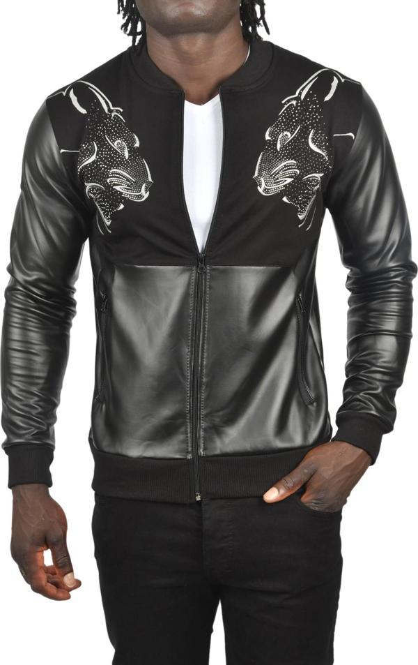 DeepSEA Erkek Siyah Taş İşlemeli Leopar Desenli Suni Deri Ceket Mont Biker Ceket 2500728 - Image 1