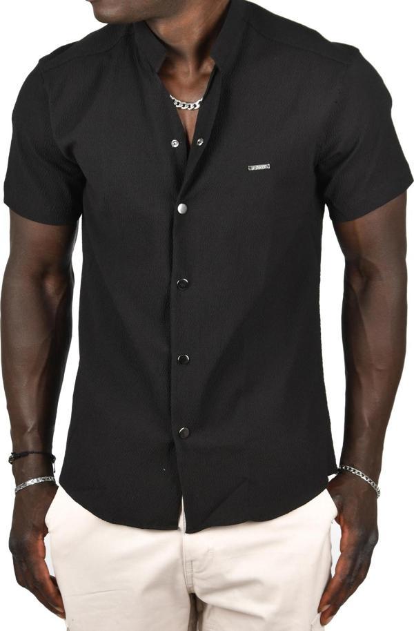DeepSEA Erkek Siyah Gofre Kumaş Hakim Yaka Slim Fit Likralı Çıtçıtlı Kısa Kollu Gömlek 2403018 - Image 1
