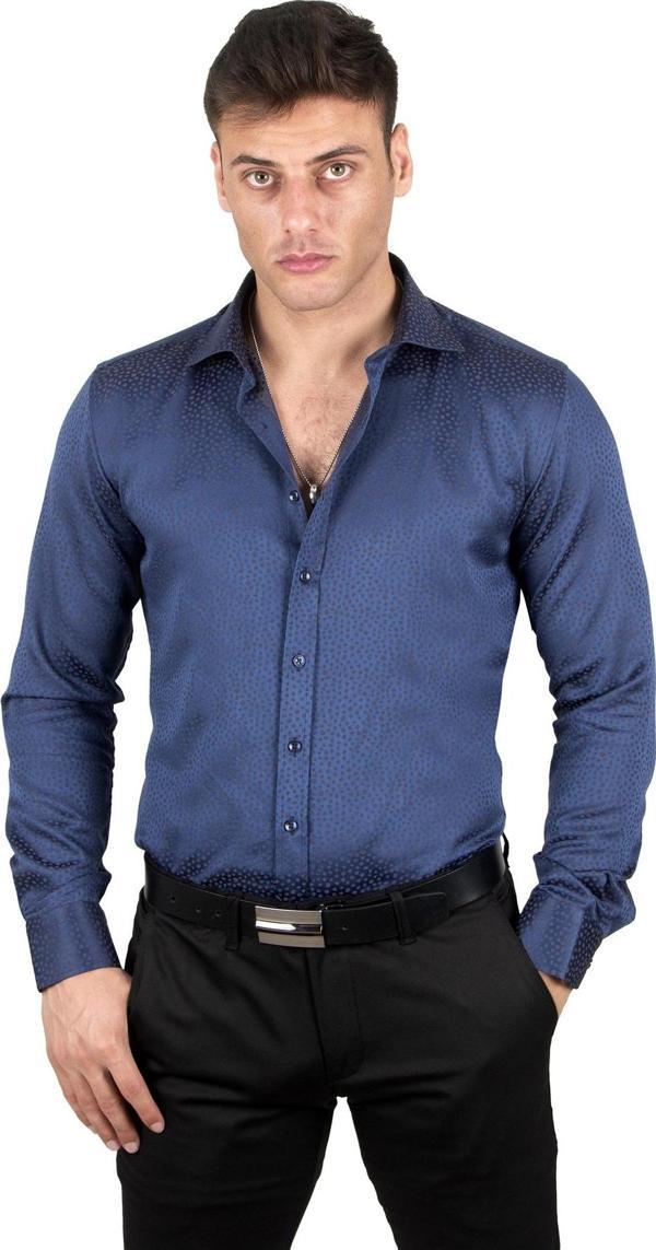 DeepSEA Erkek Lacivert Dik Yaka Nokta Desenli Jakarlı Slim Fit Gömlek 2309349 - Image 1