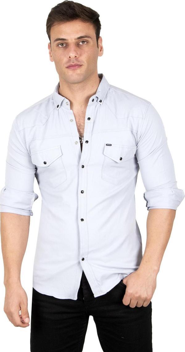 DeepSEA Erkek Gri Likralı Çıtçıtlı Çift Cepli Dar Kesim Gabardin Gömlek 2300419 - Image 1